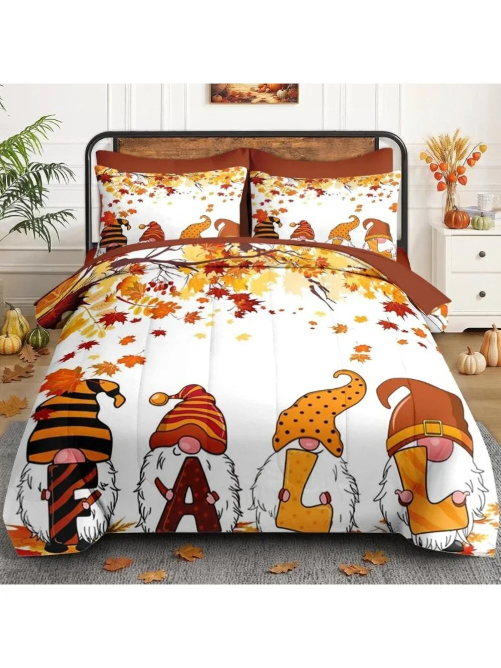 Cozy 7-Piece King Fall Comforter Set with Sheets - Vibrant Orange Bedding